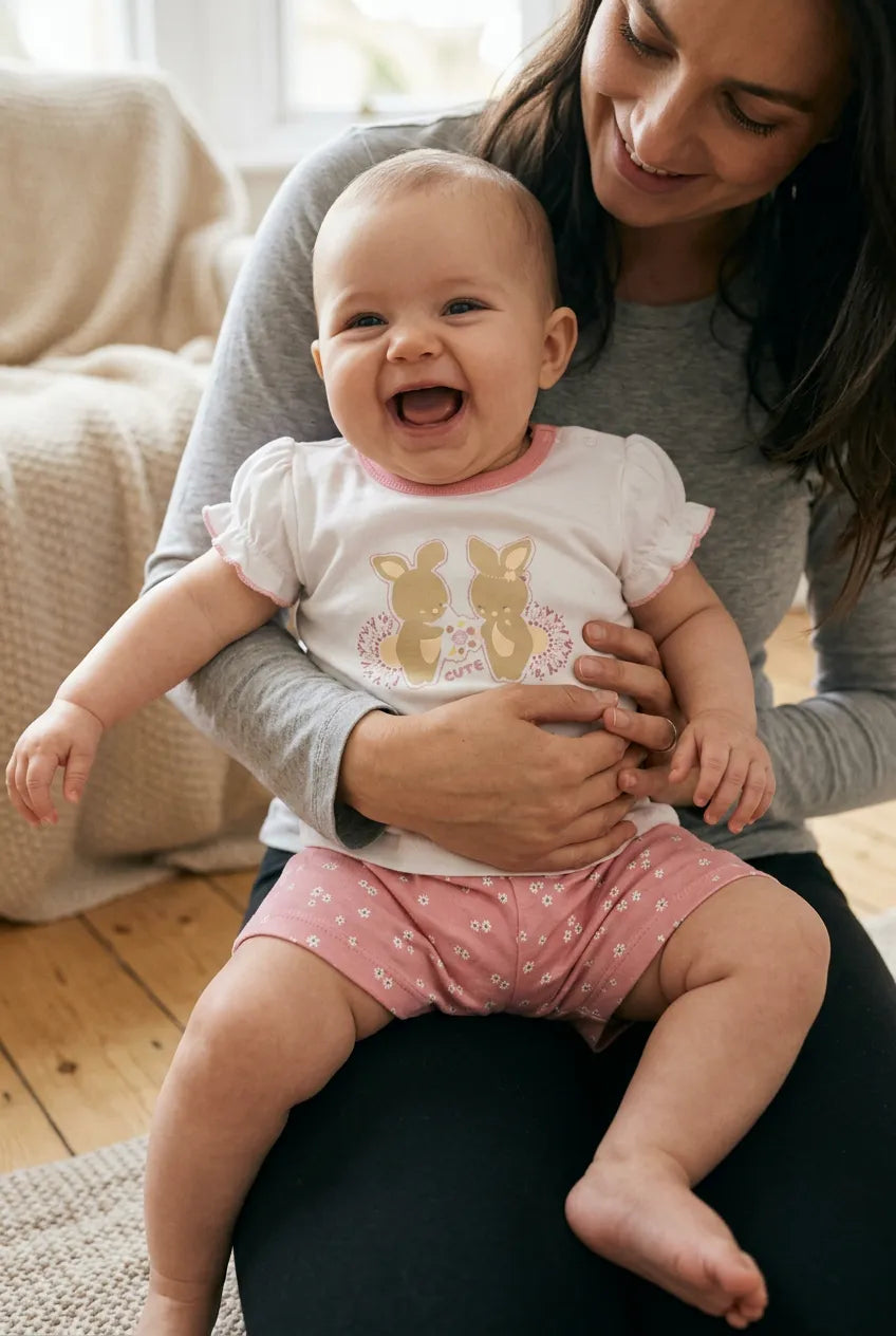 Kız Bebek Yazlık Yarım Kol Şort Takım Tavşan Desen