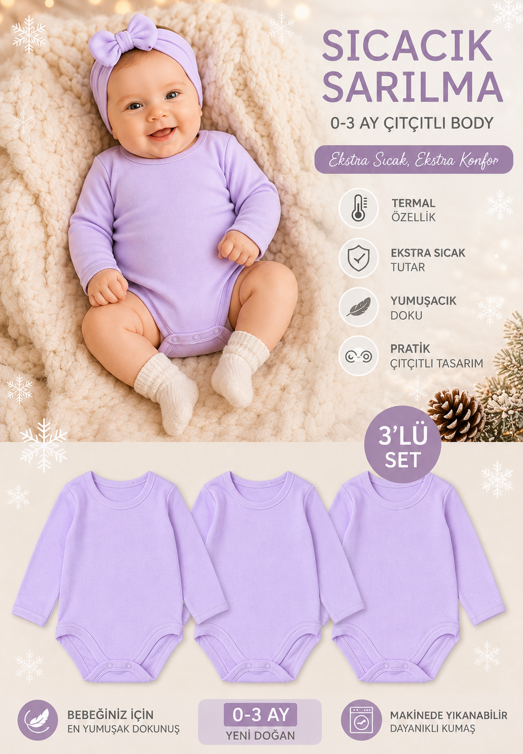 Yenidoğan Bebek Termal Badi 3’lü Set Uzun Kollu, Alttan Çıtçıtlı Kışlık Body