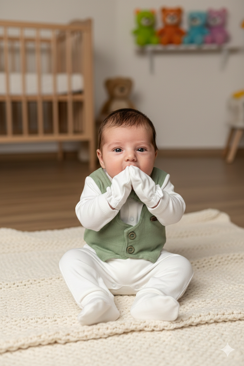 Müslin Yelek görünümlü 5li Bebek Zıbın Seti Papyon Detaylı