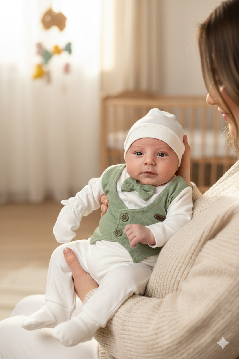 Müslin Yelek görünümlü 5li Bebek Zıbın Seti Papyon Detaylı