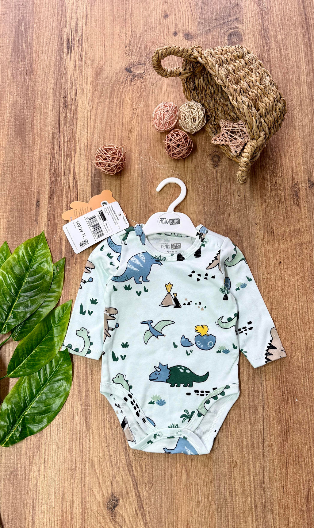 Hello Baby Dinozor Desenli Alttan Çıtçıtlı Body (4 Mevsim)