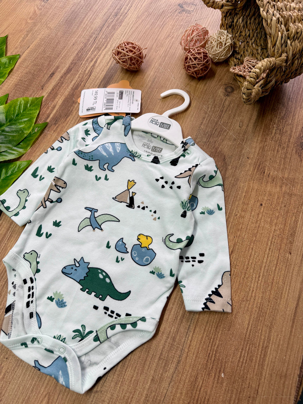 Hello Baby Dinozor Desenli Alttan Çıtçıtlı Body (4 Mevsim)