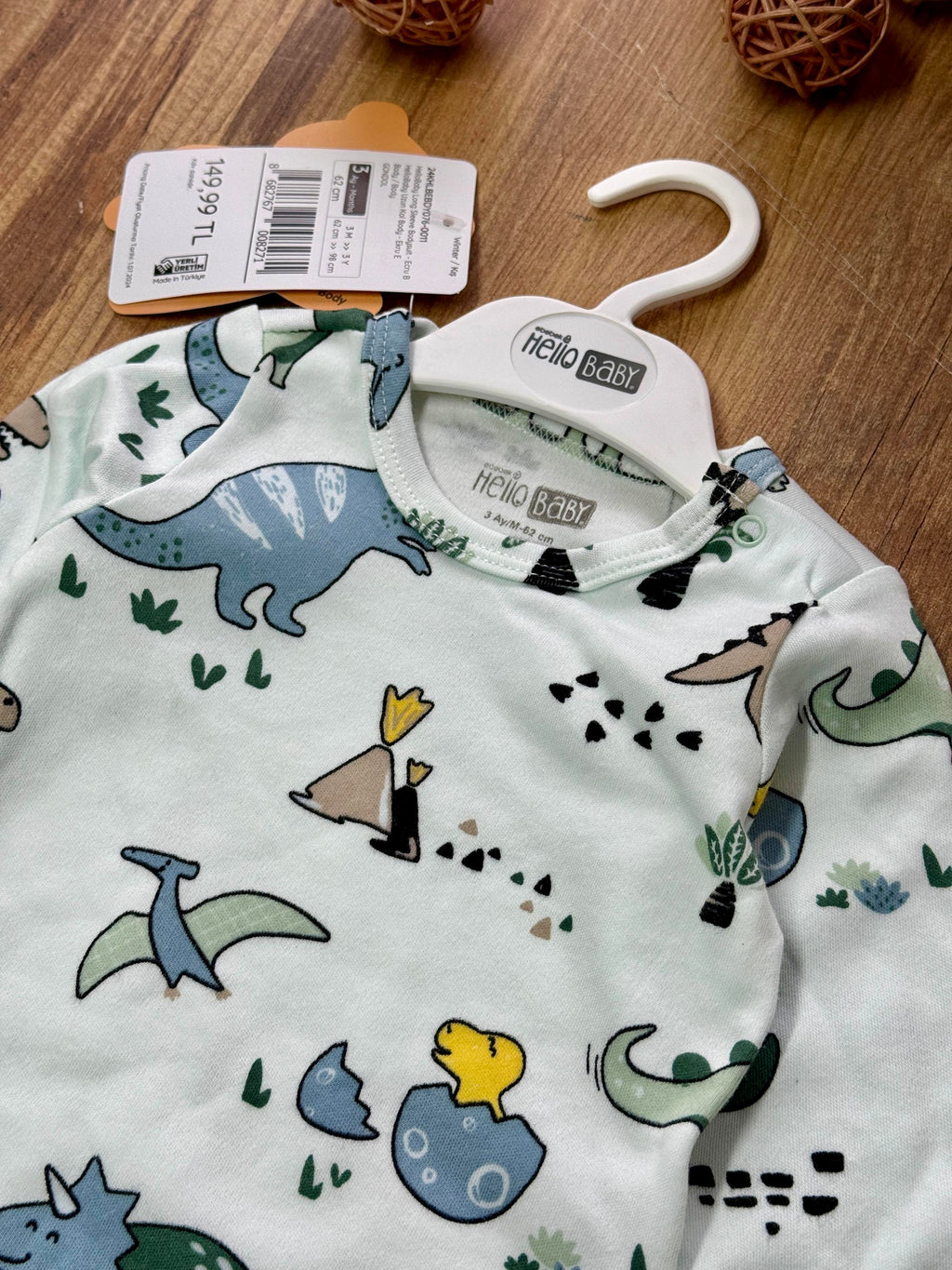 Hello Baby Dinozor Desenli Alttan Çıtçıtlı Body (4 Mevsim)