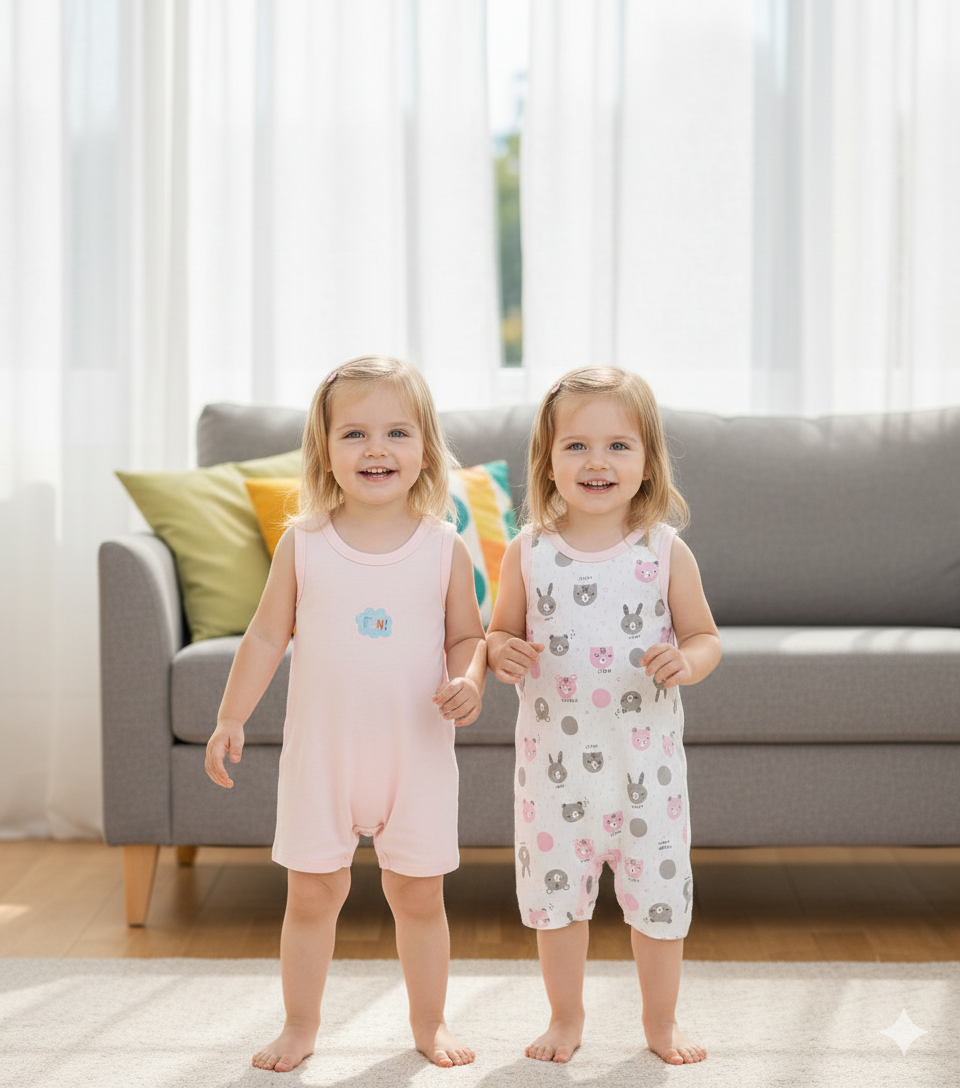 2'li Kız Bebek Yazlık Alttan Çıtçıtlı GÜndelik Kullanım Rahat Tulum Seti