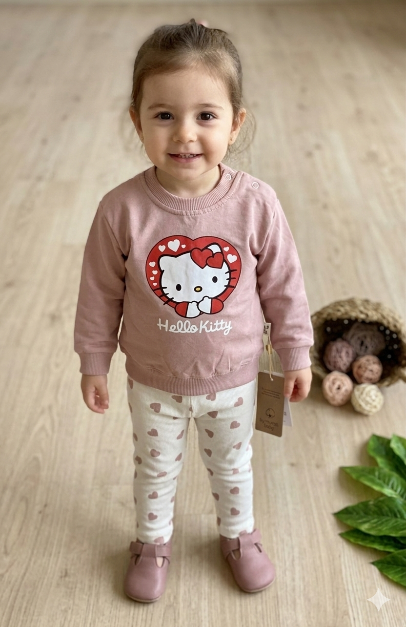 Kız Bebek Hello Kity Kalp Desenli Takım