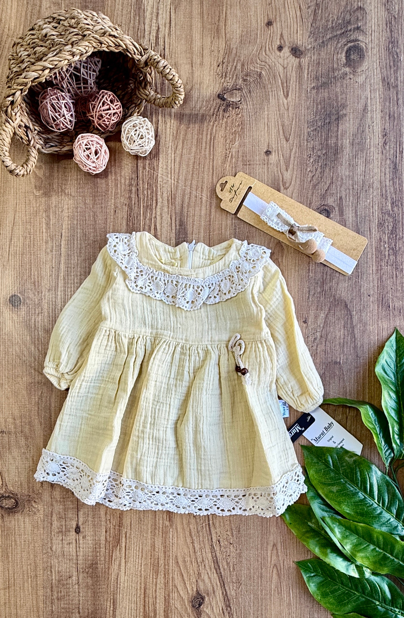 Kız Bebekler İçin Müslin Jile Elbise Saç Bandı Hediyeli