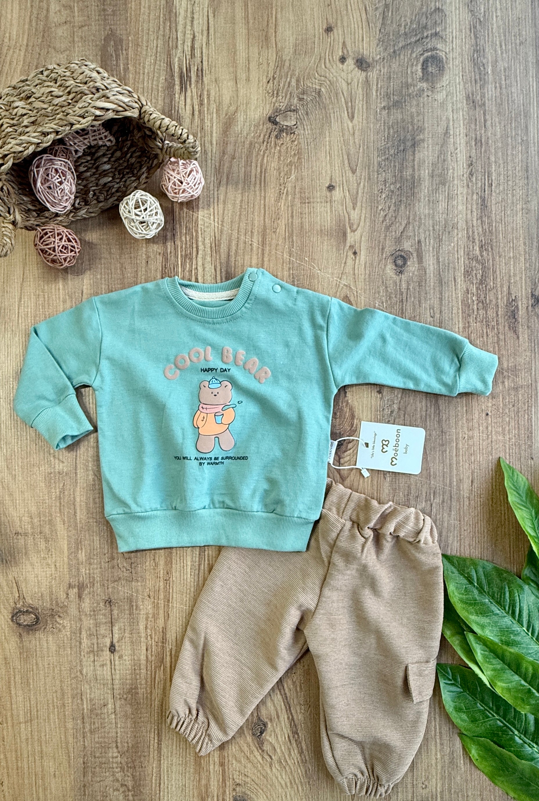 Moeboon Cool Bear Yazılı Erkek Bebek Kadife Pantolonlı Takım