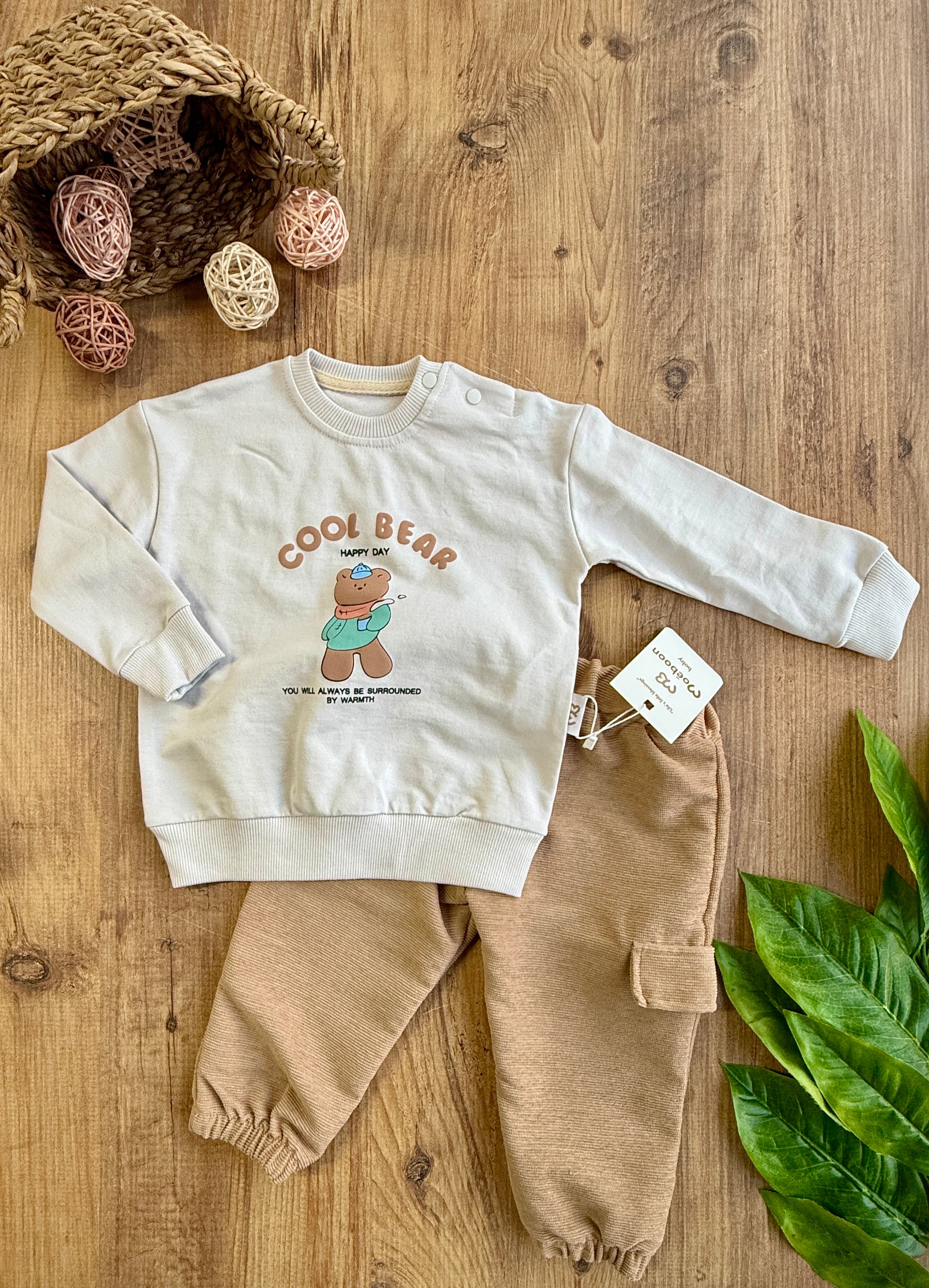 Moeboon Cool Bear Yazılı Erkek Bebek Kadife Pantolonlı Takım