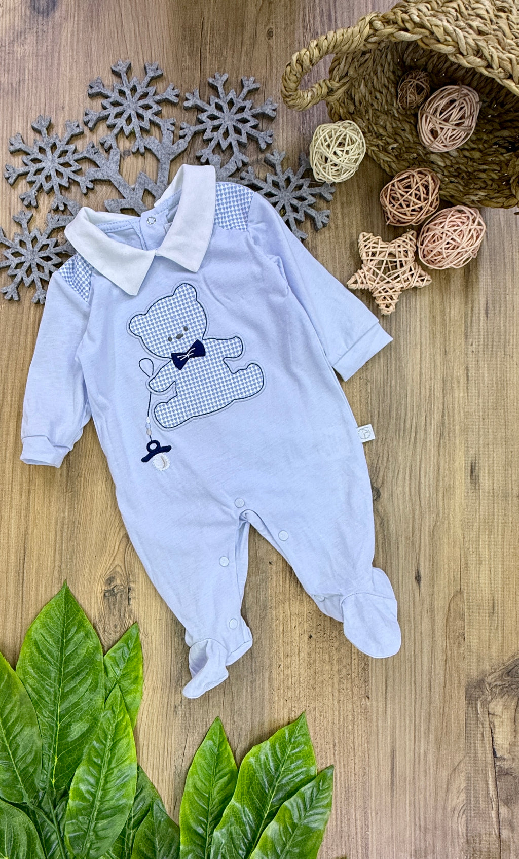 İtaly Kareli Ayıcık Detaylı Mavi Erkek Bebek Tulum