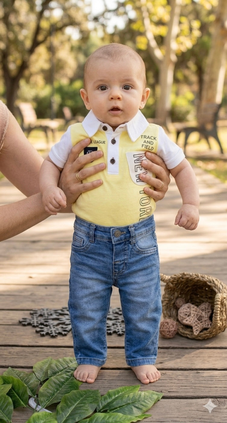 Yazlık Erkek Bebek Kot Takım %100 Pamuk Tişört Likralı Jean Pantolon 0-6-12-18 Ay