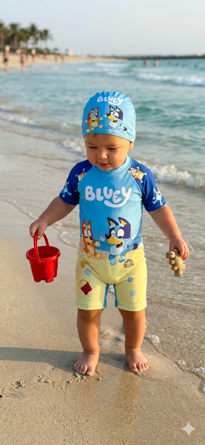 Fermuarlı Bluey Mavi Bone Hediyeli Erkek Çocuk Mayo